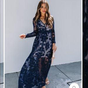 Blue maxi lace wedding guest dress
